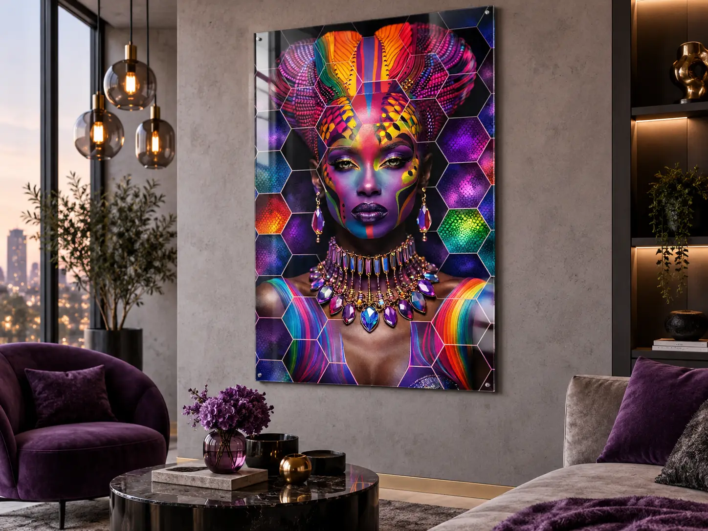 Abstract Kleurrijk Vrouwenportret op Plexiglas 60×90 cm 3 Verticale plexiglas wanddecoratie 60x90 cm in moderne betonlook woonkamer