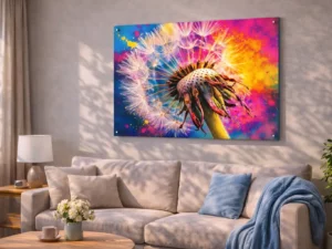 wanddecoratie paardenbloem macro kleurrijk boven bank