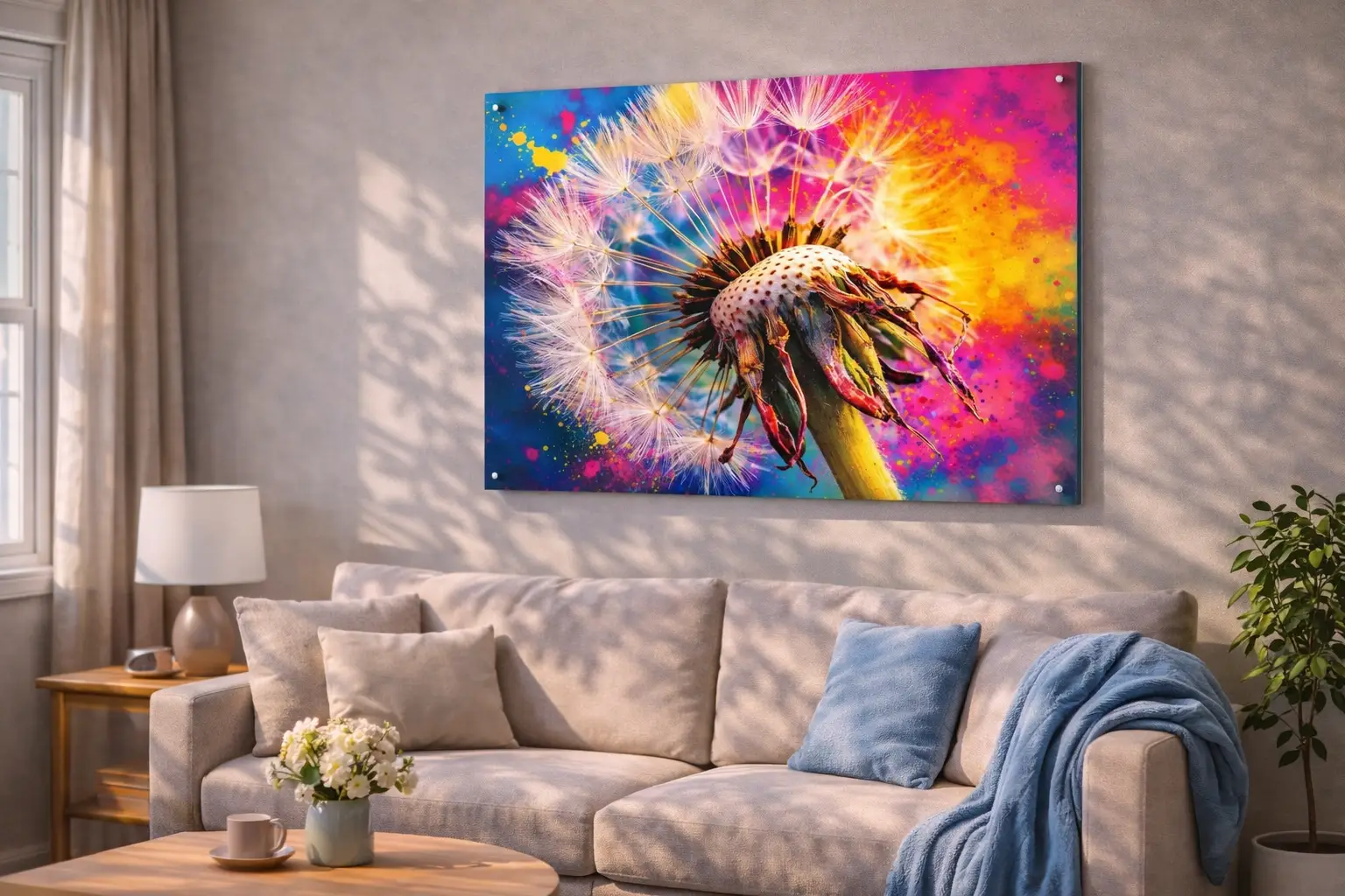 WANDDECORATIE PAARDENBLOEM MACRO KLEURRIJKE MUURKUNST BOVEN BANK 4 wanddecoratie paardenbloem macro kleurrijk boven bank