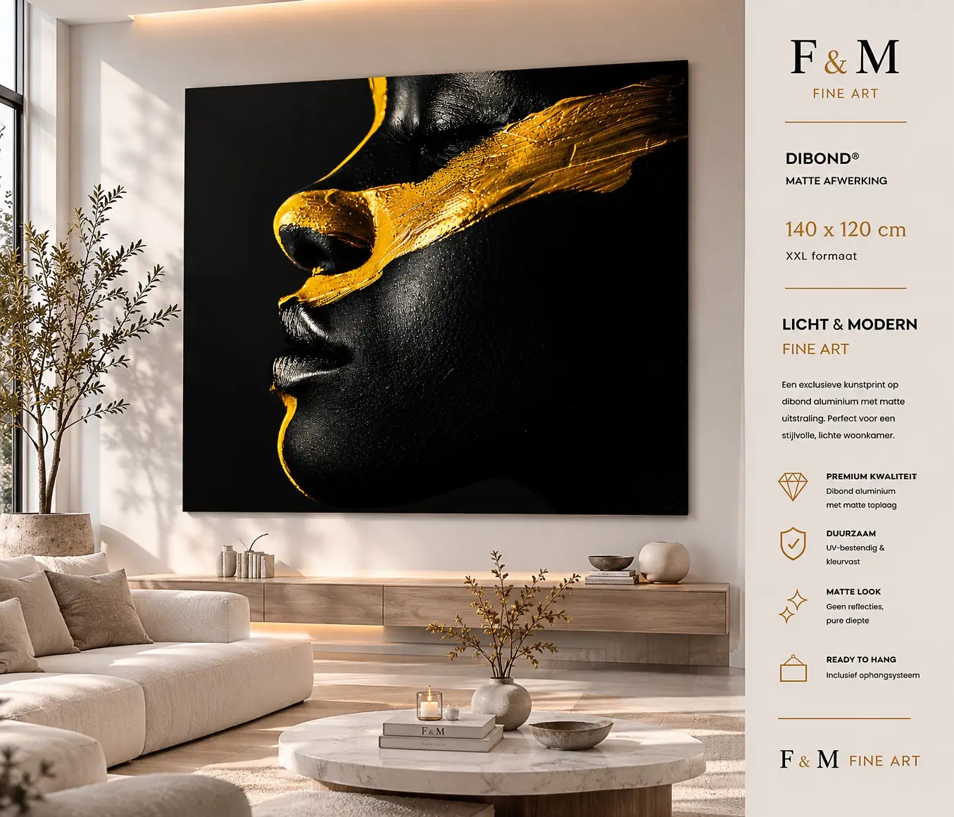 Wanddecoratie vrouw zwart goud dibond XXL F&M Fine Art 2 horizontaal schilderij boven de bank zwart goud 140x120