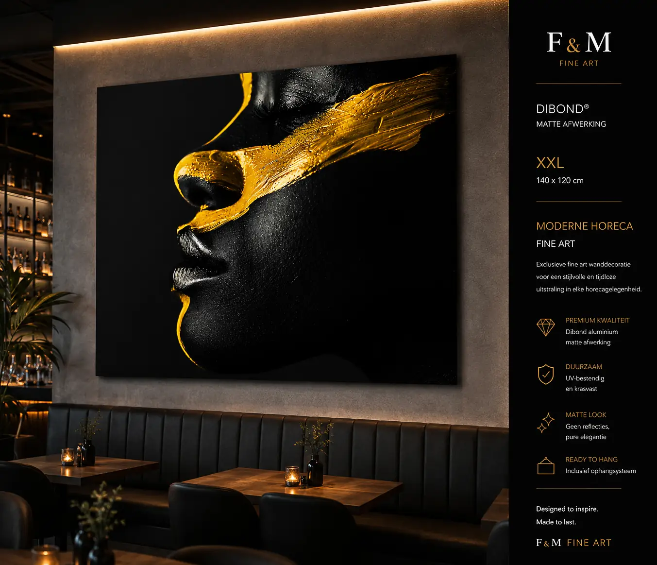 Wanddecoratie vrouw zwart goud dibond XXL F&M Fine Art 1 wanddecoratie horeca industrieel groot schilderij