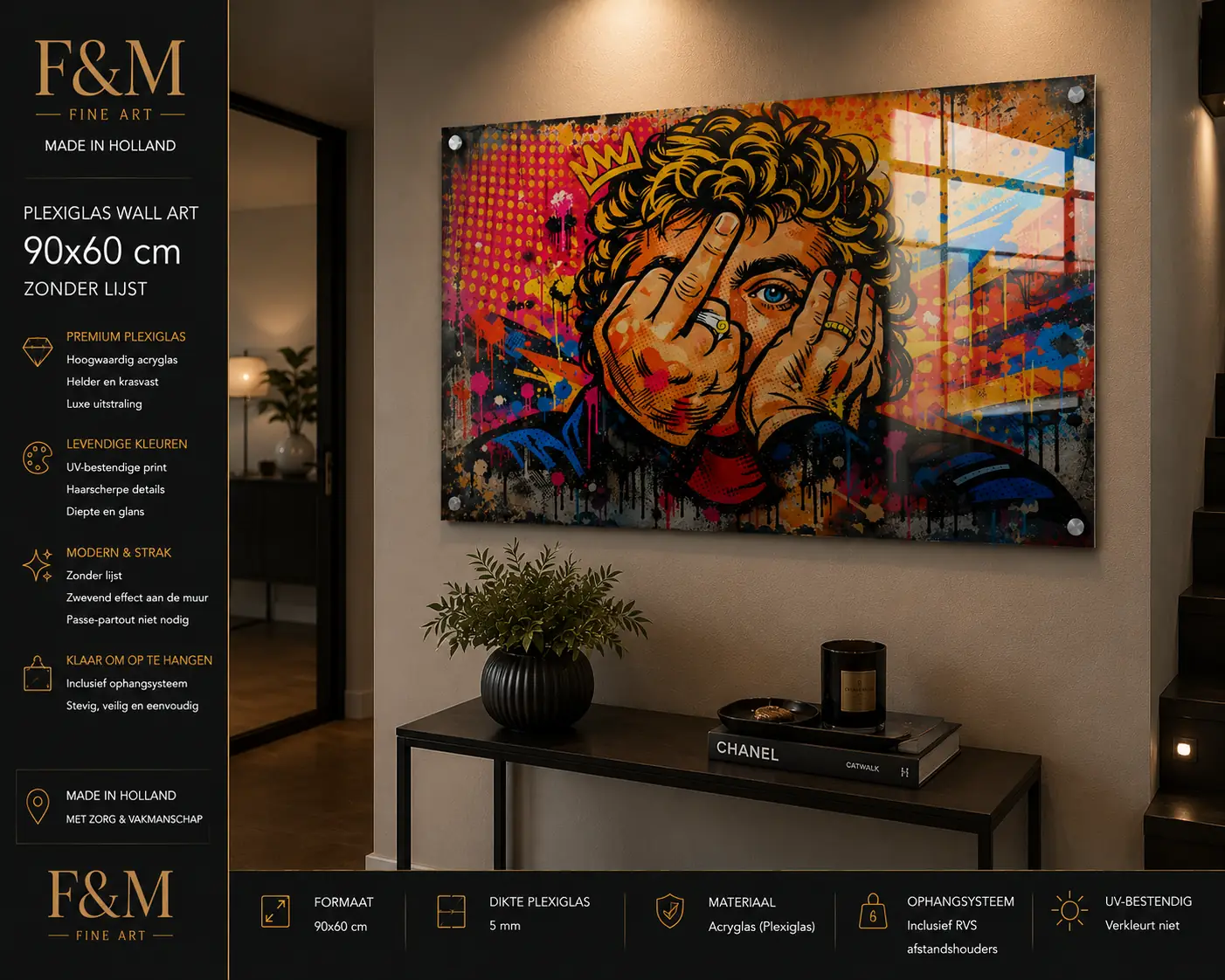 Luxe pop art schilderij plexiglas 90x60 F&M Fine Art 2 Luxe Pop Art Plexiglas Schilderij 90x60 woonkamer