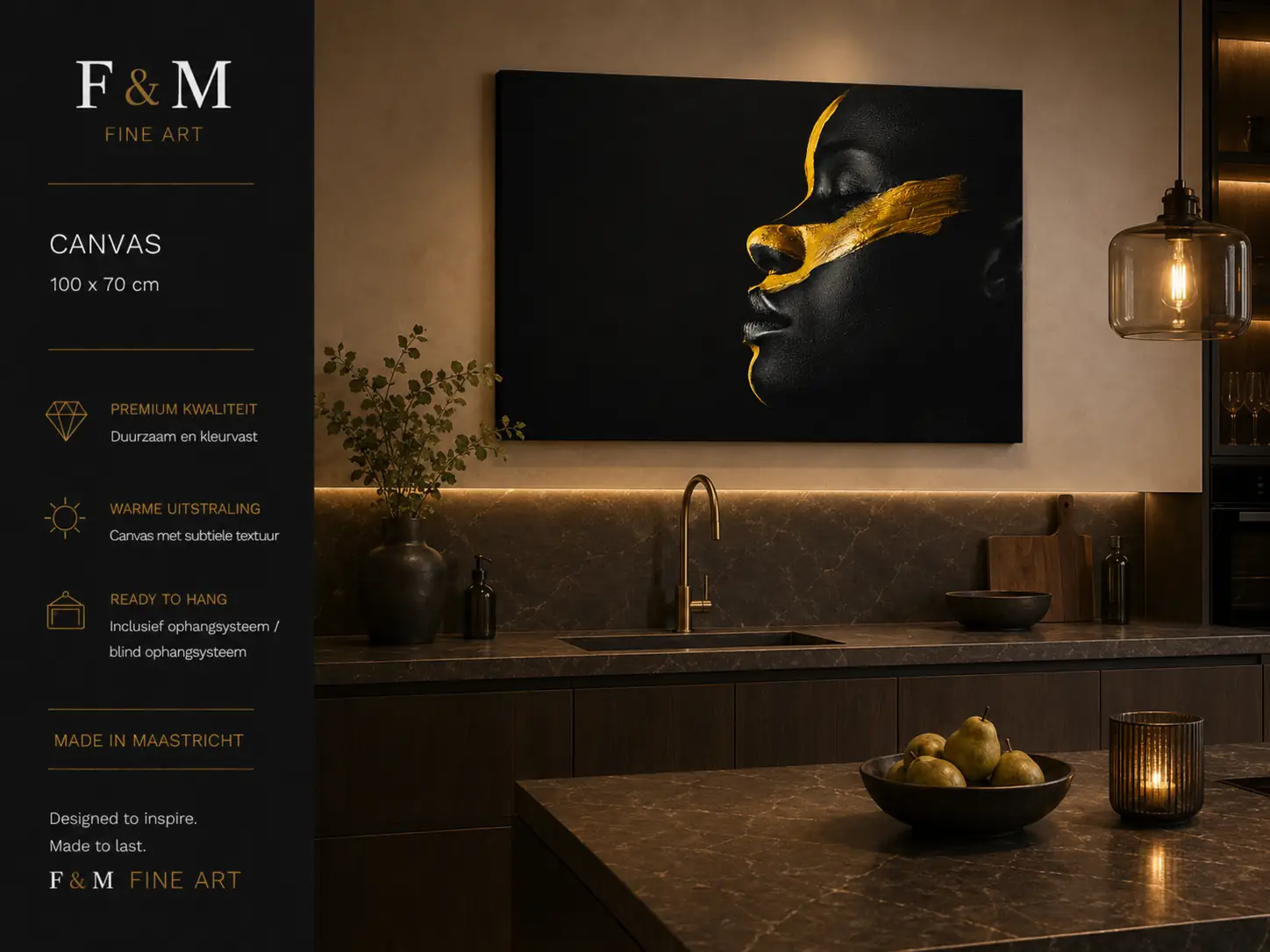Wanddecoratie vrouw zwart goud canvas 100x70 1 Wanddecoratie vrouw zwart goud op canvas 100x70 van F&M Fine Art