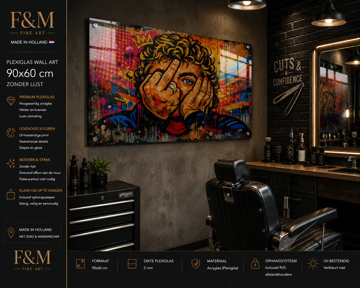 Luxe pop art schilderij plexiglas 90x60 F&M Fine Art 1 Luxe Pop Art Plexiglas Schilderij 90x60 barbershop