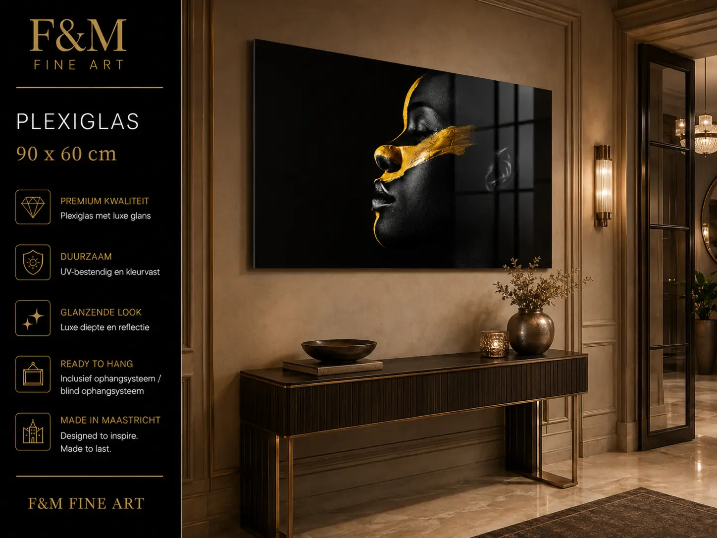 Wanddecoratie vrouw zwart goud luxe plexiglas 90x60 4 Wanddecoratie vrouw zwart goud luxe plexiglas 90x60 - Afbeelding 4