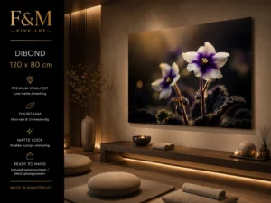 Paarse Sereniteit op mat Dibond 120x80 in een luxe wellnessruimte met warme verlichting, natuurlijke materialen en een rustige uitstraling.