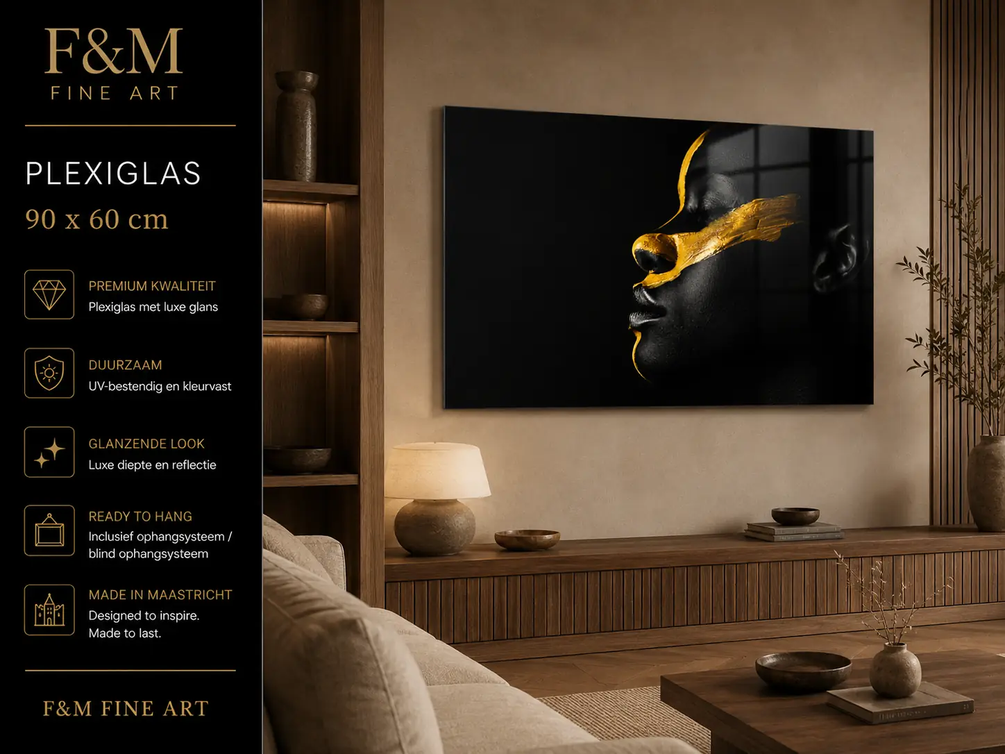 Wanddecoratie vrouw zwart goud luxe plexiglas 90x60 1 Luxe plexiglas schilderij vrouw zwart goud voor woonkamer of living