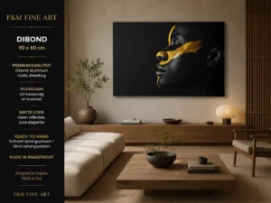 Dibond schilderij vrouw zwart goud voor hal, woonkamer of keuken