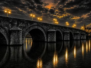 Sint Servaasbrug Maastricht schilderij op canvas met zwart-witte brug en warme gouden lichtreflecties