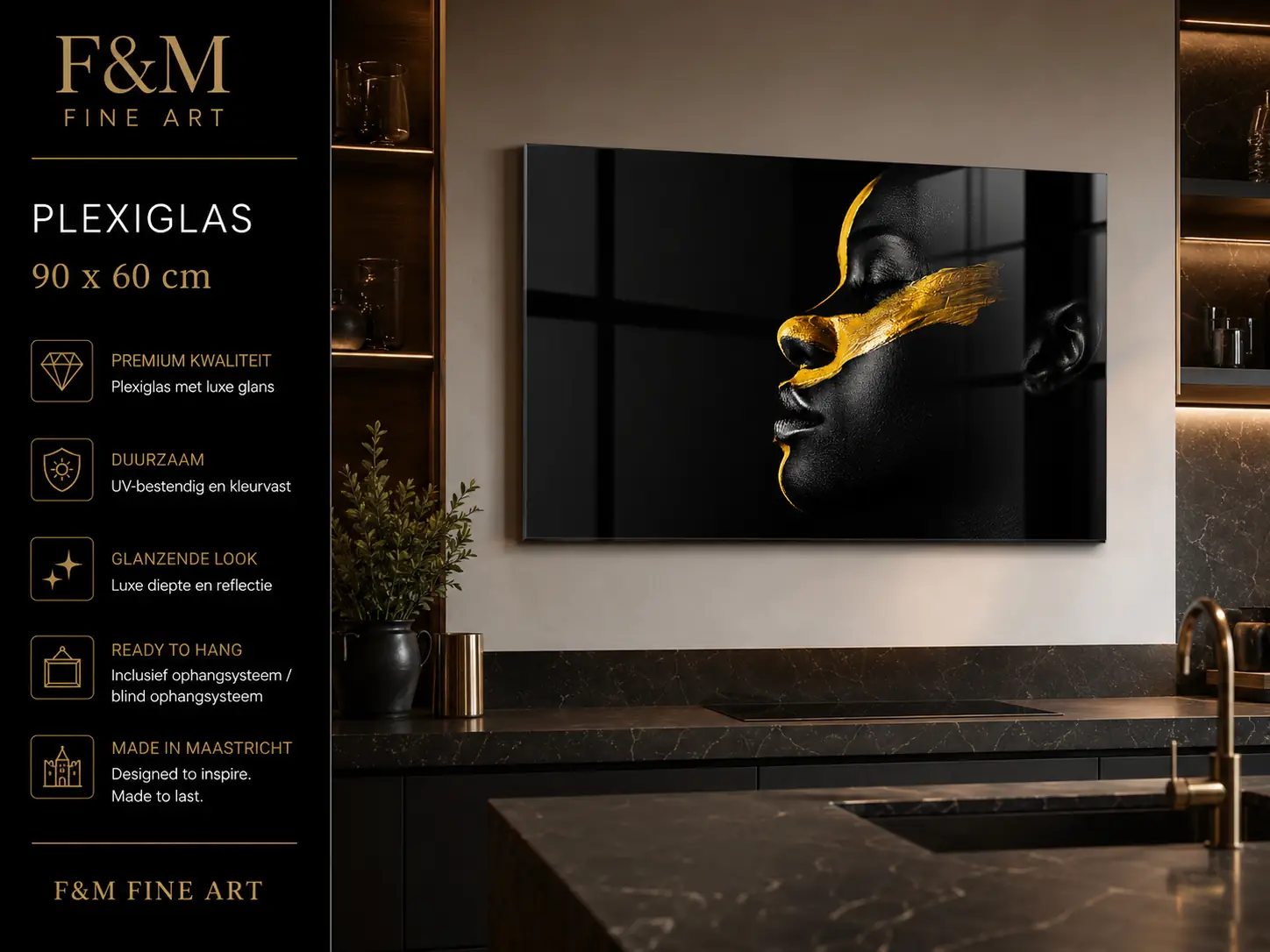Wanddecoratie vrouw zwart goud luxe plexiglas 90x60 2 Zwart goud wanddecoratie op plexiglas voor woonkamer in Nederland en België
