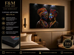 African Fine Art canvas schilderij 100x70 cm in luxe hotelkamer met warme verlichting en premium wandkunst