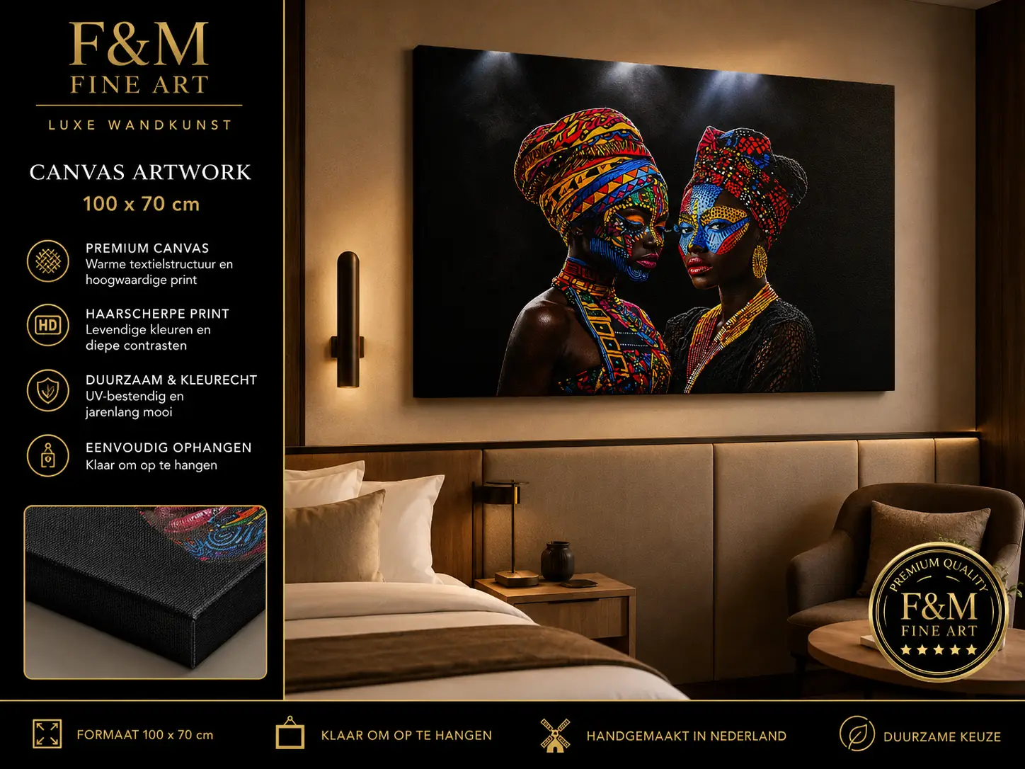 AFRICAN FINE ART CANVAS 100X70 CM 1 African Fine Art canvas schilderij 100x70 cm in luxe hotelkamer met warme verlichting en premium wandkunst