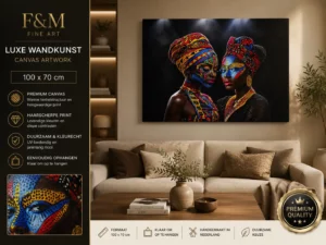 African Fine Art canvas schilderij 100x70 cm boven de bank in luxe woonkamer met warme interieurstijl