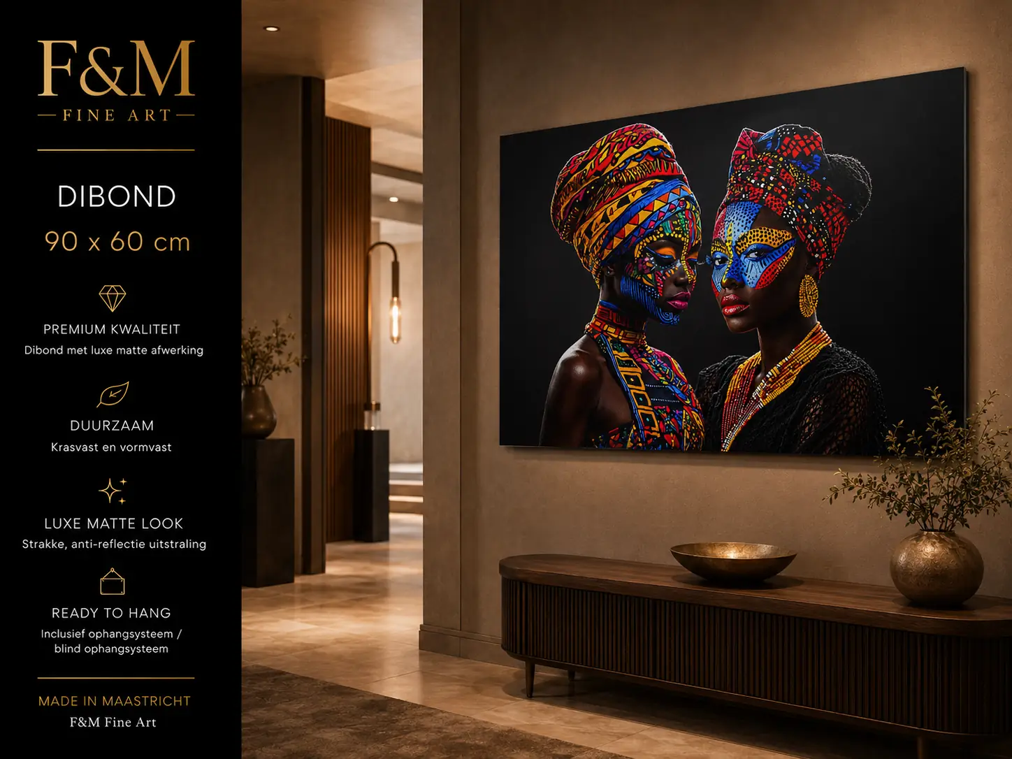 AFRICAN FINE ART DIBOND 90X60 CM 2 African Fine Art dibond schilderij 90x60 cm in luxe hal met warme verlichting en matte premium wanddecoratie