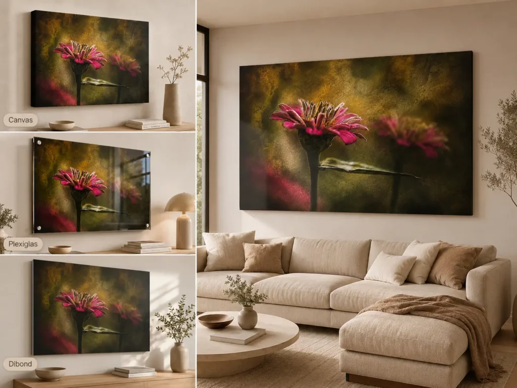 muurdecoratie België F&m Fine Art 6 Vergelijking van canvas plexiglas en dibond wanddecoratie boven een zetel in een Belgische living