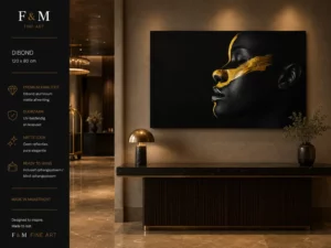 Luxe dibond wanddecoratie vrouw zwart goud voor wellnessruimte of hotelinterieur