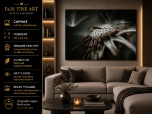 Macro bloem wanddecoratie canvas 90x60 cm in stijlvolle woonkamer met warme neutrale tinten