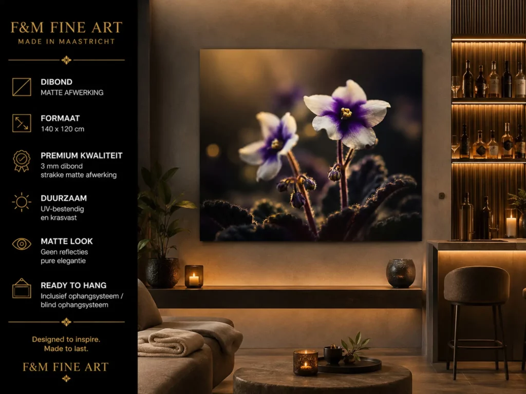 Macro wanddecoratie voor hotelkamer – F&M Fine Art Macro wanddecoratie in luxe hotelkamer op dibond 140x120 cm van F&M Fine Art