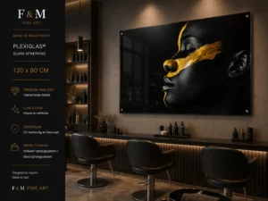 Luxe plexiglas schilderij vrouw zwart goud voor wellness of woonkamer