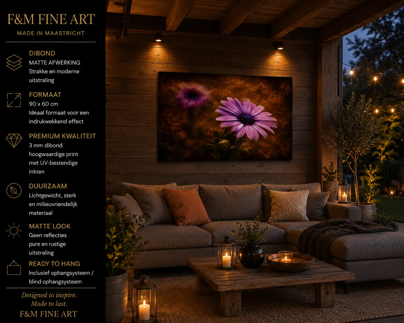 paarse bloem wanddecoratie dibond-90x60 2 Paarse bloem wanddecoratie dibond 90x60 cm op overdekt terras met warme verlichting en houten wand