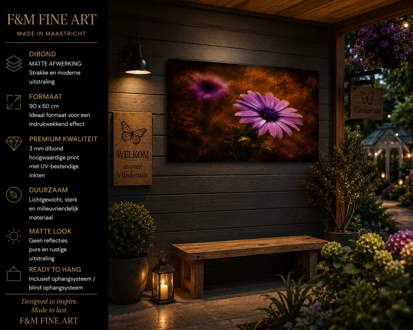 paarse bloem wanddecoratie dibond-90x60 4 Paarse bloem wanddecoratie dibond 90x60 cm bij vlindertuin entree met natuurlijke uitstraling