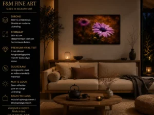 Paarse bloem wanddecoratie dibond 90x60 cm in warme woonkamer met natuurlijke rustige sfeer