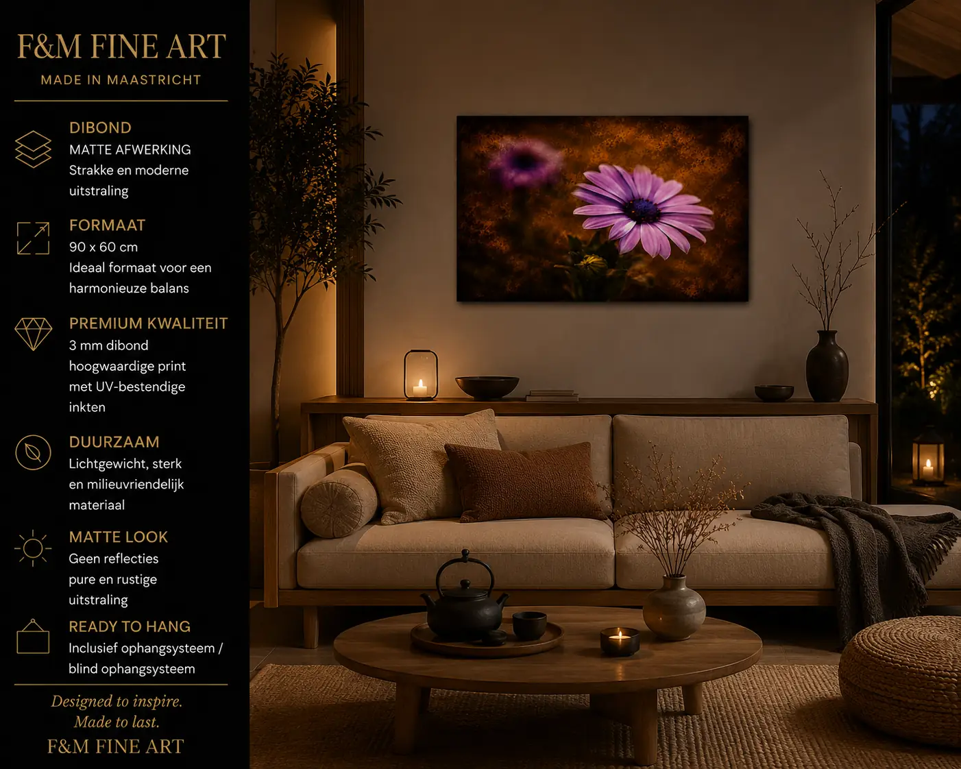 paarse bloem wanddecoratie dibond-90x60 1 Paarse bloem wanddecoratie dibond 90x60 cm in warme woonkamer met natuurlijke rustige sfeer