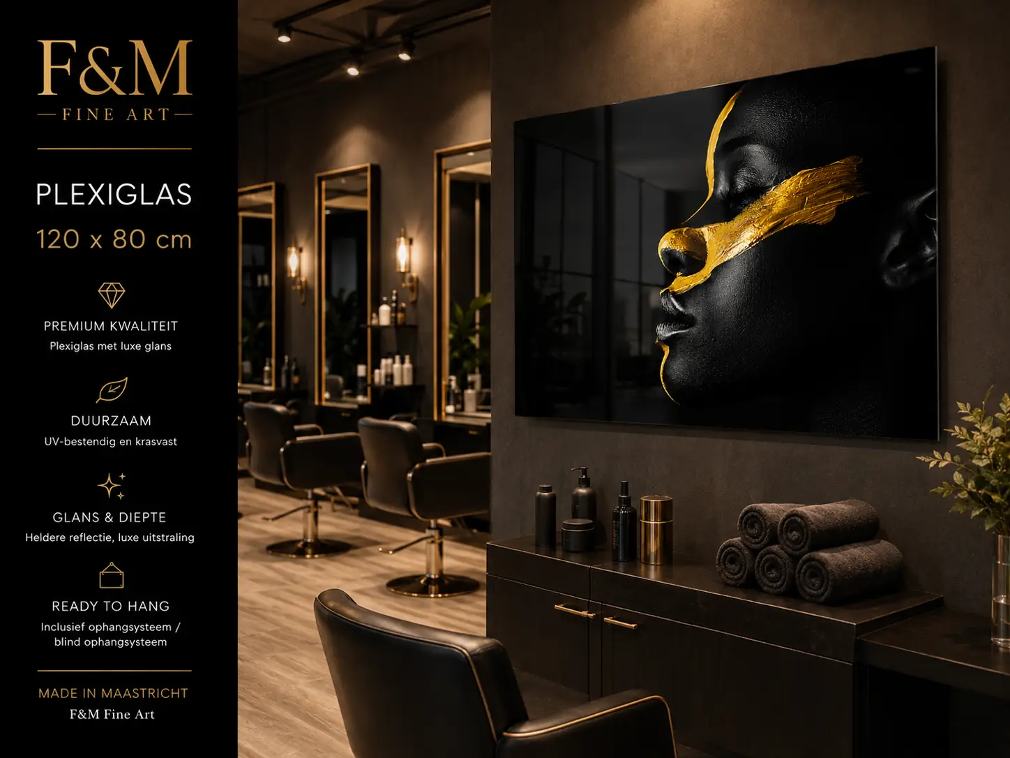 Wanddecoratie vrouw zwart goud plexiglas 120x80 cm 1 Plexiglas wanddecoratie vrouw zwart goud voor kapsalon of beautysalon