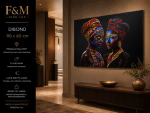 Afrikaanse portretkunst op Dibond boven een donkere kast in een warme hal, met F&M Fine Art-productinformatie