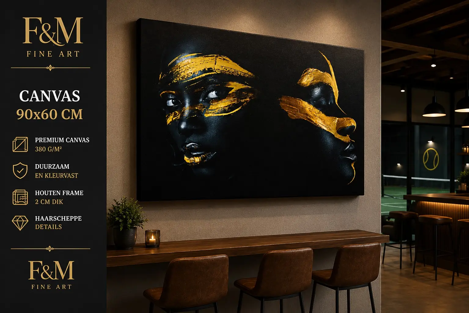wanddecoratie-zwart-goud-portret-canvas-90x60 4 Wanddecoratie zwart goud portret canvas 90x60 cm in bar en lounge met donkere luxe interieurstijl