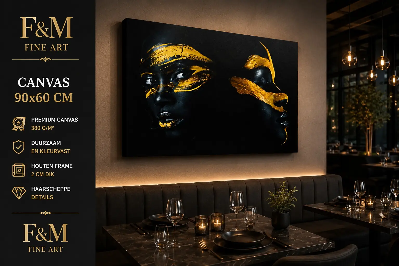 wanddecoratie-zwart-goud-portret-canvas-90x60 2 Wanddecoratie zwart goud portret canvas 90x60 cm in luxe restaurant en horeca interieur