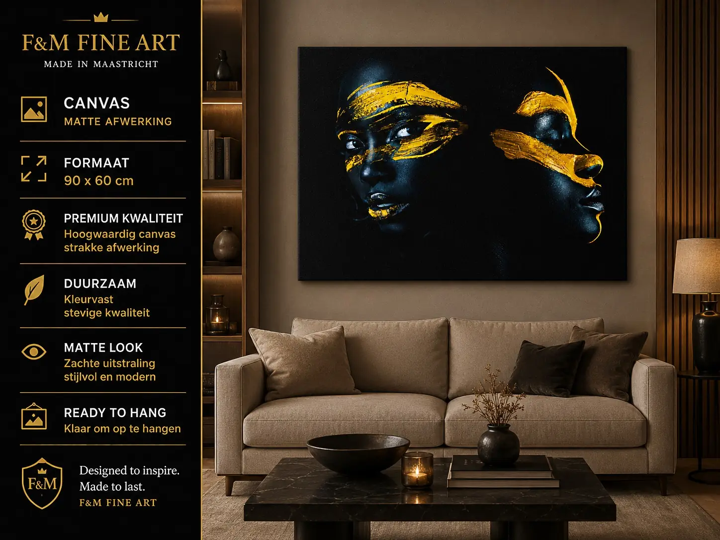 wanddecoratie-zwart-goud-portret-canvas-90x60 1 Wanddecoratie zwart goud portret canvas 90x60 cm boven de bank in luxe woonkamer met warme verlichting