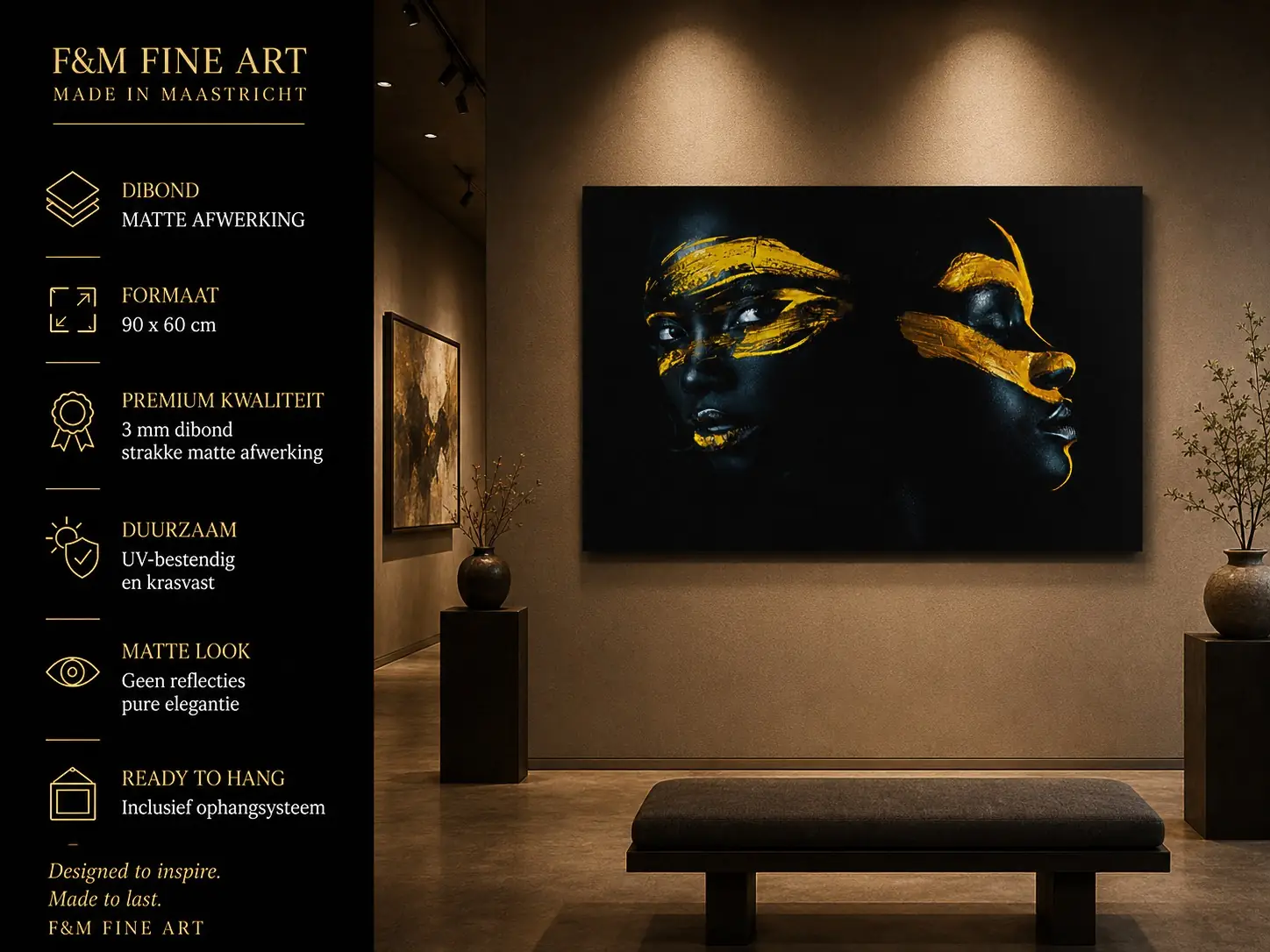 wanddecoratie-zwart-goud-portret-dibond-90x60 2 Wanddecoratie zwart goud portret dibond 90x60 cm in galerieachtig interieur met zwarte en gouden accenten