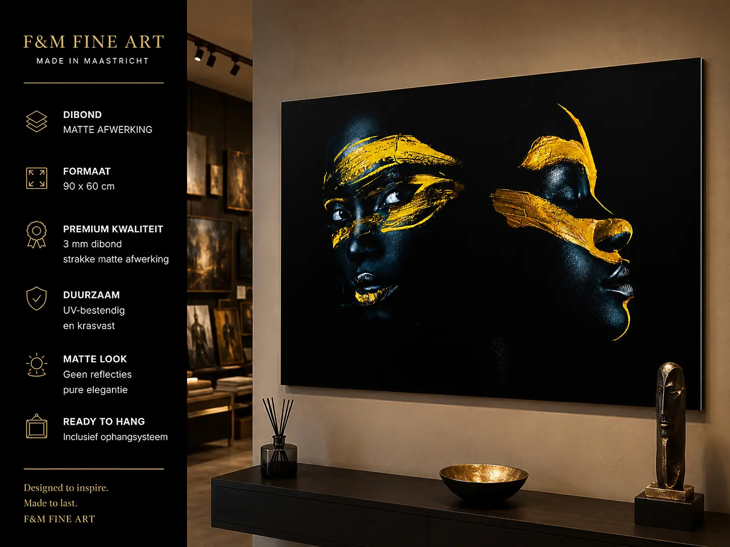 wanddecoratie-zwart-goud-portret-dibond-90x60 4 Wanddecoratie zwart goud portret dibond 90x60 cm in hotel chique ontvangstruimte met warme verlichting