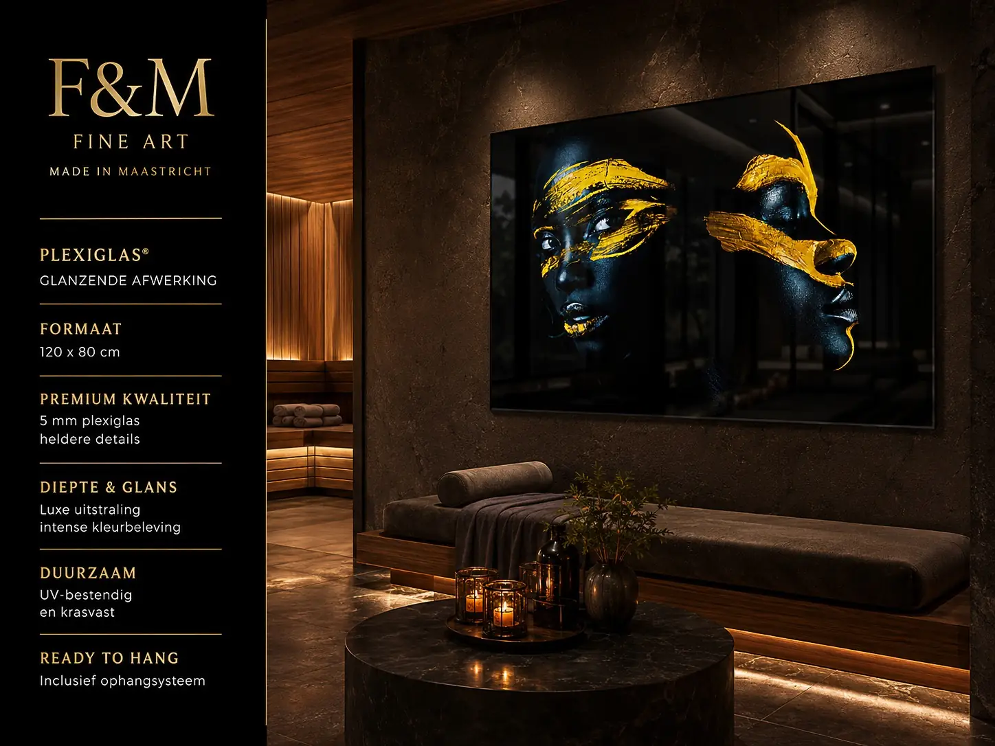 wanddecoratie-zwart goud-portret plexiglas 120x80 4 Wanddecoratie zwart goud portret plexiglas 120x80 cm in luxe wellnessruimte met glans en diepte