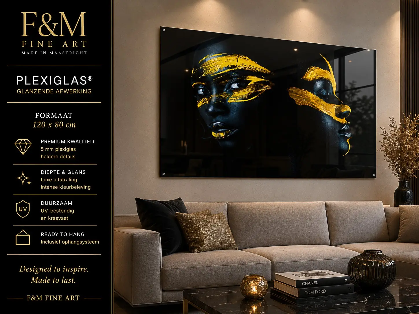 wanddecoratie-zwart goud-portret plexiglas 120x80 5 Wanddecoratie zwart goud portret plexiglas 120x80 cm boven de bank in luxe woonkamer met moderne uitstraling