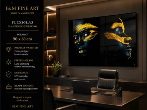 Wanddecoratie zwart goud portret plexiglas 90x60 cm in luxe kantoor en vergaderruimte met moderne uitstraling