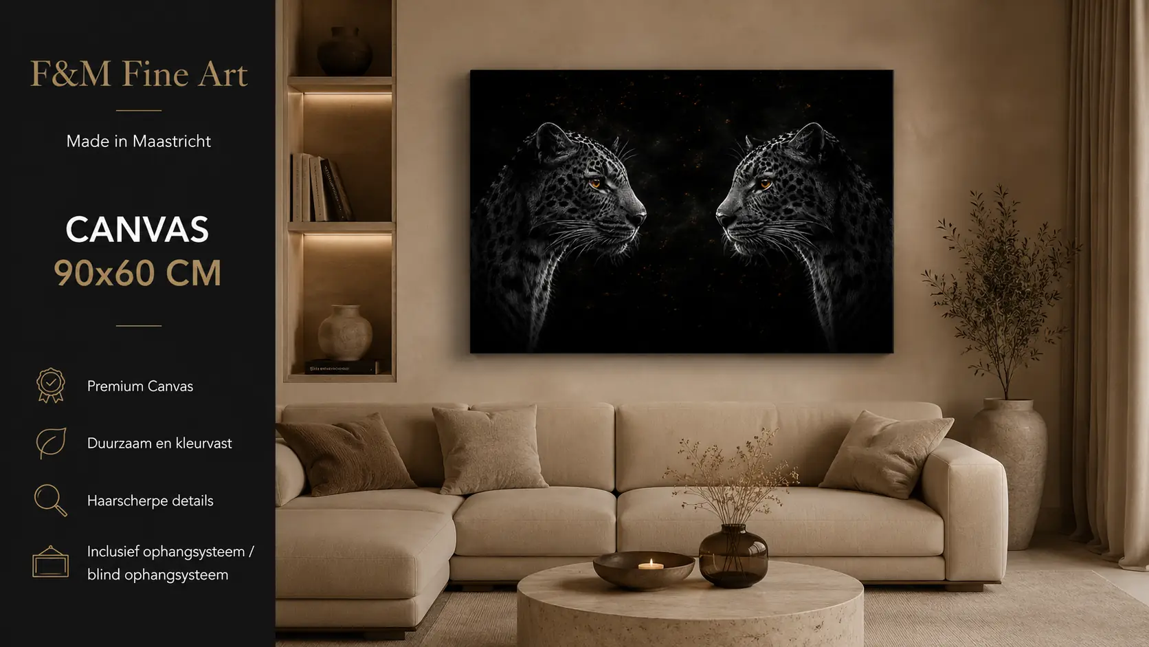 Panters wanddecoratie canvas 90x60 3 Panters wanddecoratie canvas 90x60 cm in hotel chique woonkamer met warme luxe sfeer