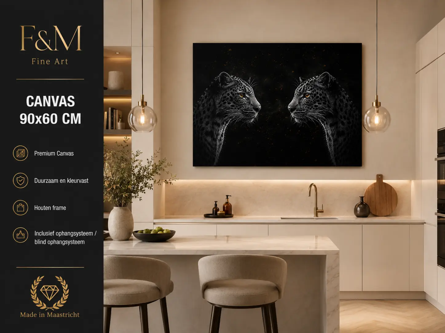 Panters wanddecoratie canvas 90x60 4 Panters wanddecoratie canvas 90x60 cm in moderne lichte keuken met luxe uitstraling