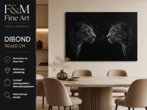 Panters wanddecoratie dibond 90x60 cm in stijlvolle hal of entree met matte luxe uitstraling
