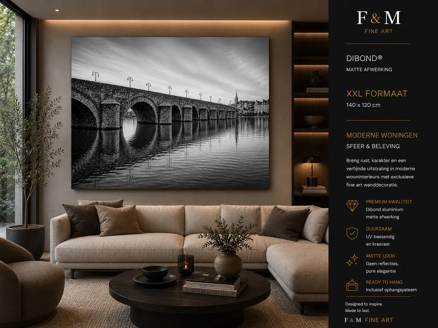 Sint Servaasbrug Maastricht dibond XXL 140x120 cm 5 Sint Servaasbrug Maastricht Dibond XXL 140x120 cm als zwart-wit Fine Art boven bank in moderne woning