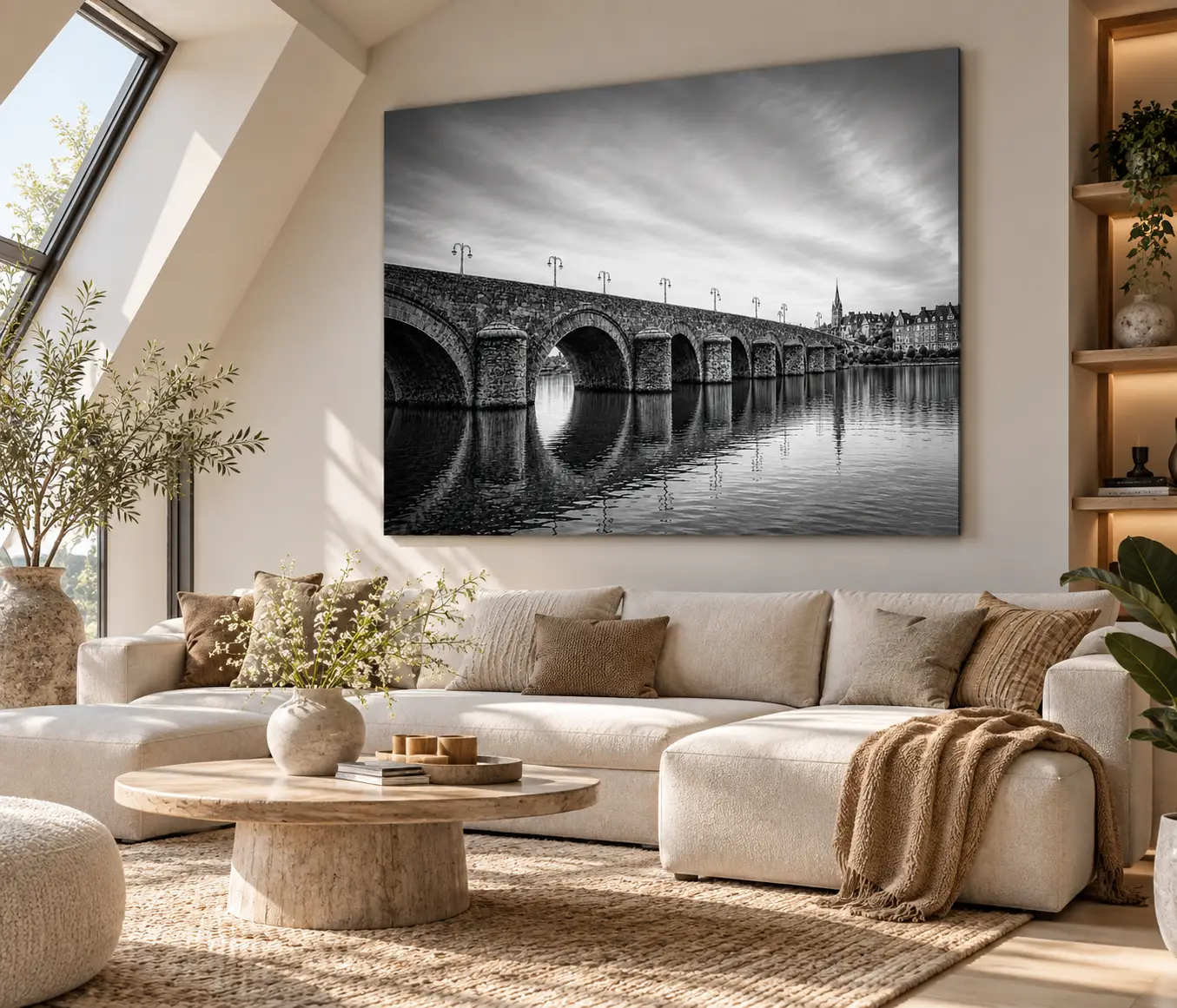 Sint Servaasbrug Maastricht dibond XXL 140x120 cm 3 XXL Sint Servaasbrug Maastricht wanddecoratie op Dibond 140x120 cm boven grote bank in lichte woonkamer