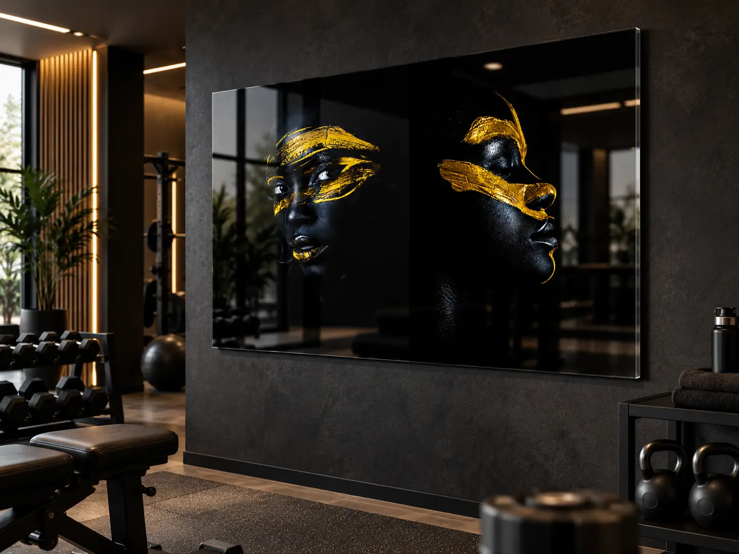 wanddecoratie-zwart goud-portret plexiglas 120x80 3 Abstract kunstwerk met zwarte gezichten en goud op plexiglas 120×80 cm in een luxe sportschool – F&M Fine Art