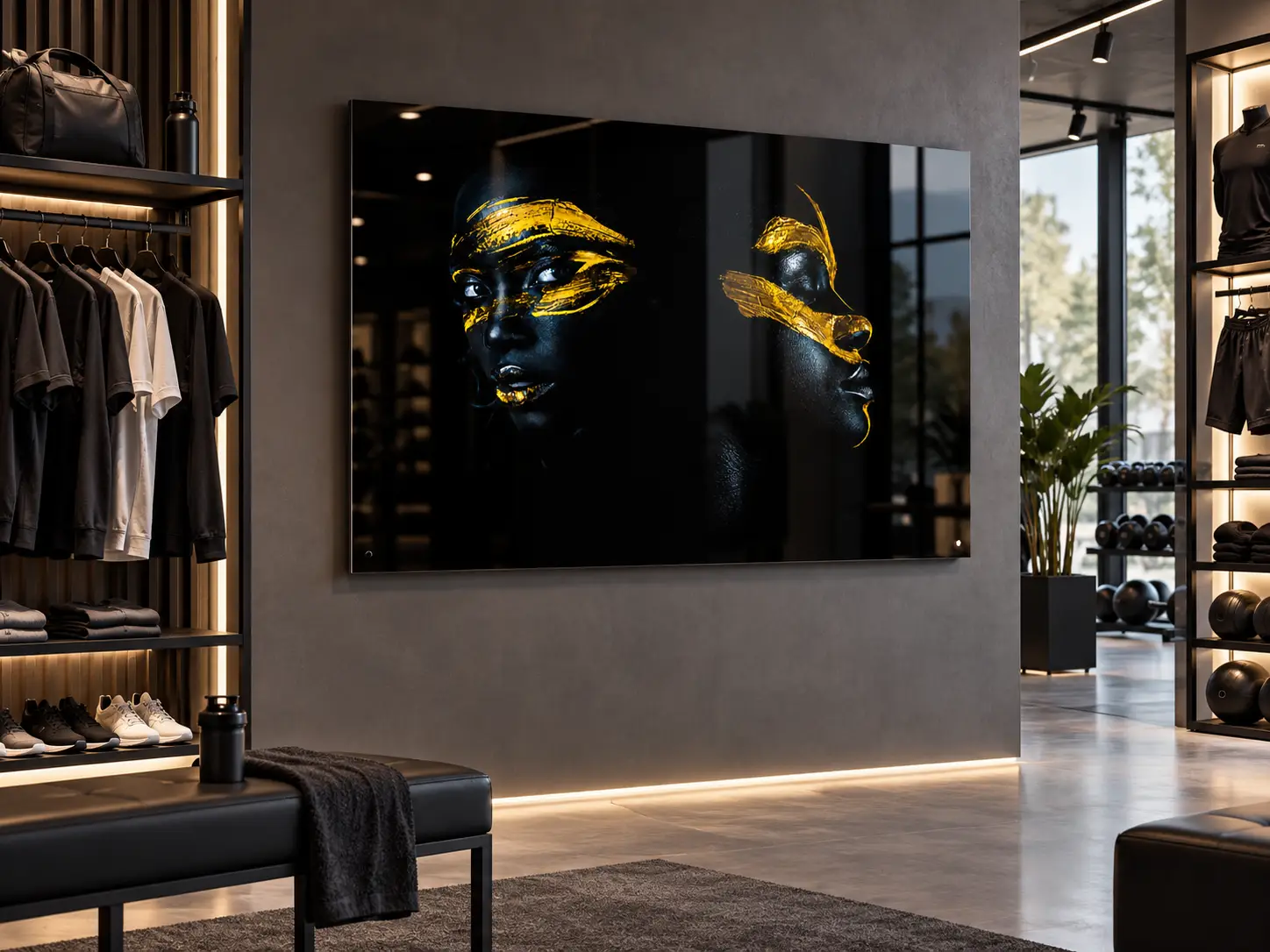wanddecoratie-zwart goud-portret plexiglas 120x80 2 Plexiglas wanddecoratie 120×80 cm met twee zwarte gezichten en gouden accenten in een moderne sportwinkel
