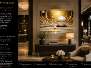 F&M Fine Art goud parelmoer wanddecoratie op mat Dibond 120×80 in een luxe boutiquehotel