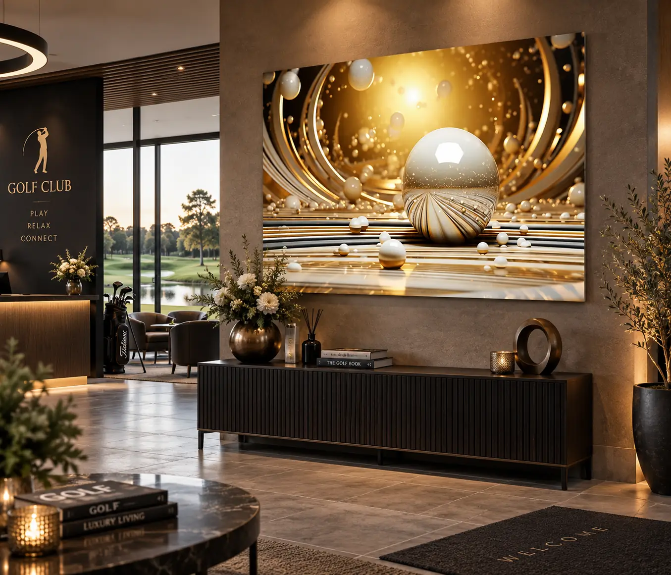 Goud Parelmoer Wanddecoratie xxl Dibond 140×120 2 Gouden abstracte Dibond wanddecoratie 140×120 boven een dressoir in de entree van een golfclub
