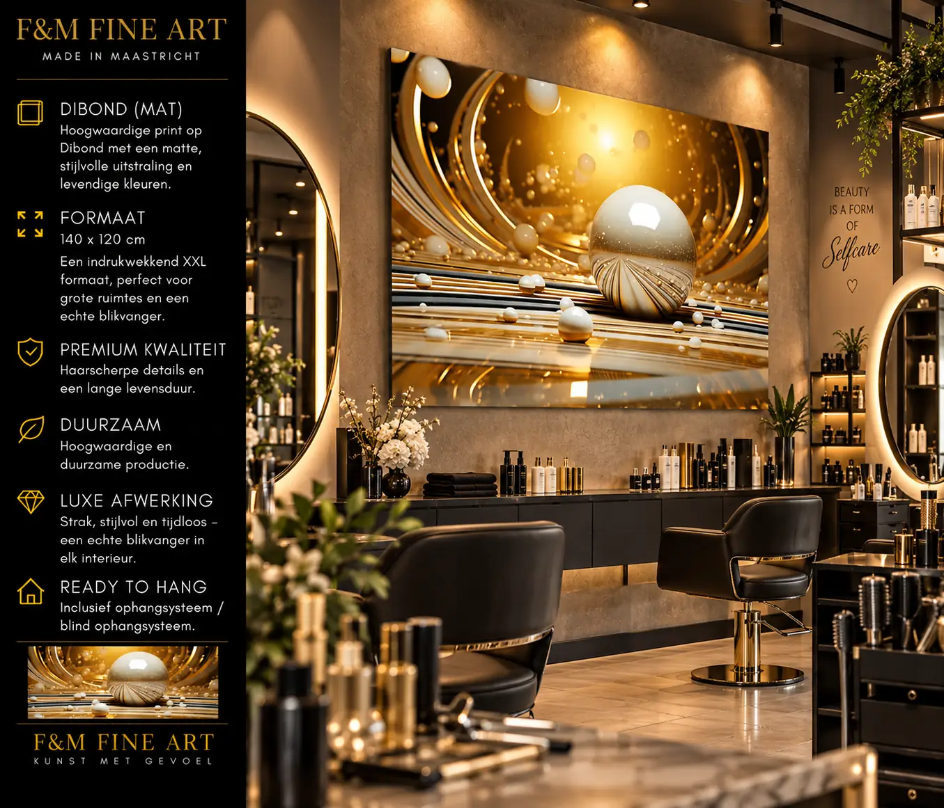 Goud Parelmoer Wanddecoratie xxl Dibond 140×120 4 F&M Fine Art goud parelmoer wanddecoratie op mat Dibond 140×120 in een luxe kapsalon