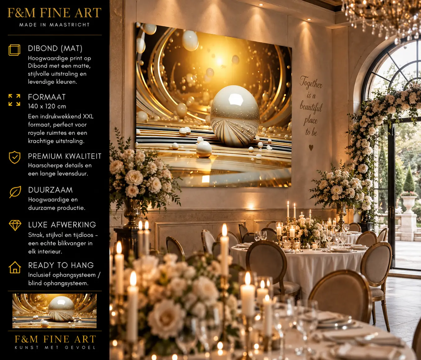 Goud Parelmoer Wanddecoratie xxl Dibond 140×120 5 Gouden XXL Dibond wanddecoratie van F&M Fine Art in een sfeervolle trouwlocatie met bloemen en kaarslicht