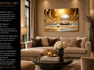 F&M Fine Art goud parelmoer wanddecoratie op mat Dibond 90×60 in een luxe woonkamer