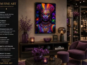 F&M Fine Art kleurrijk Dibond schilderij 60×90 in een donker interieur met paarse meubels